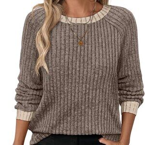 Khaki Long Sleeve Color Block Sweater